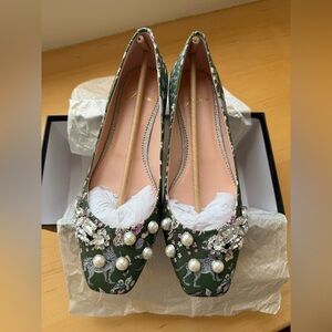 J. Crew Green Floral Embellished Flats
